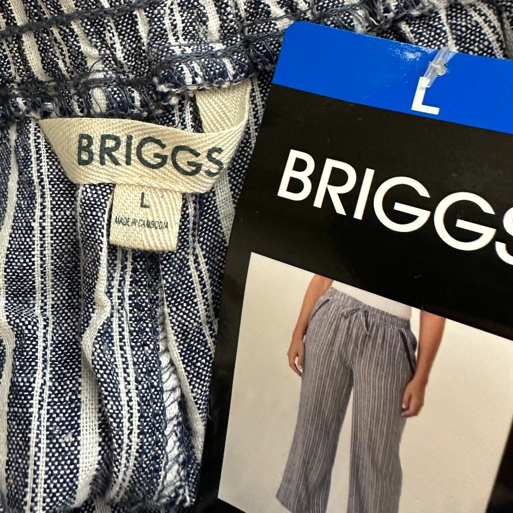 Briggs Women's Linen Blend Pant Size L Blue Striped Cottagecore Coastal Boho NEW - Picture 4 of 11